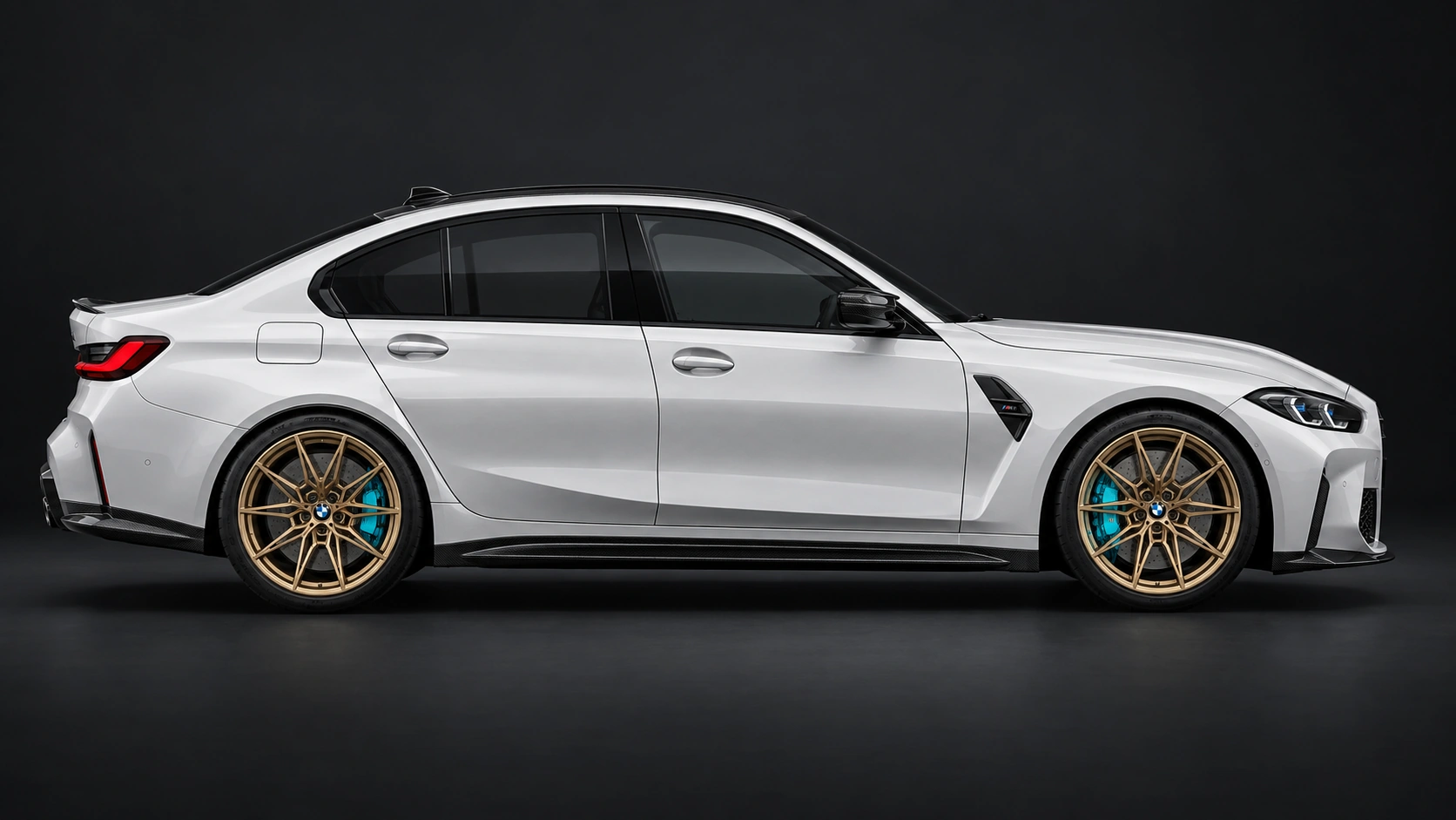 AI-generated white BMW M3 side-view colour concept with black wheels and red calipers
